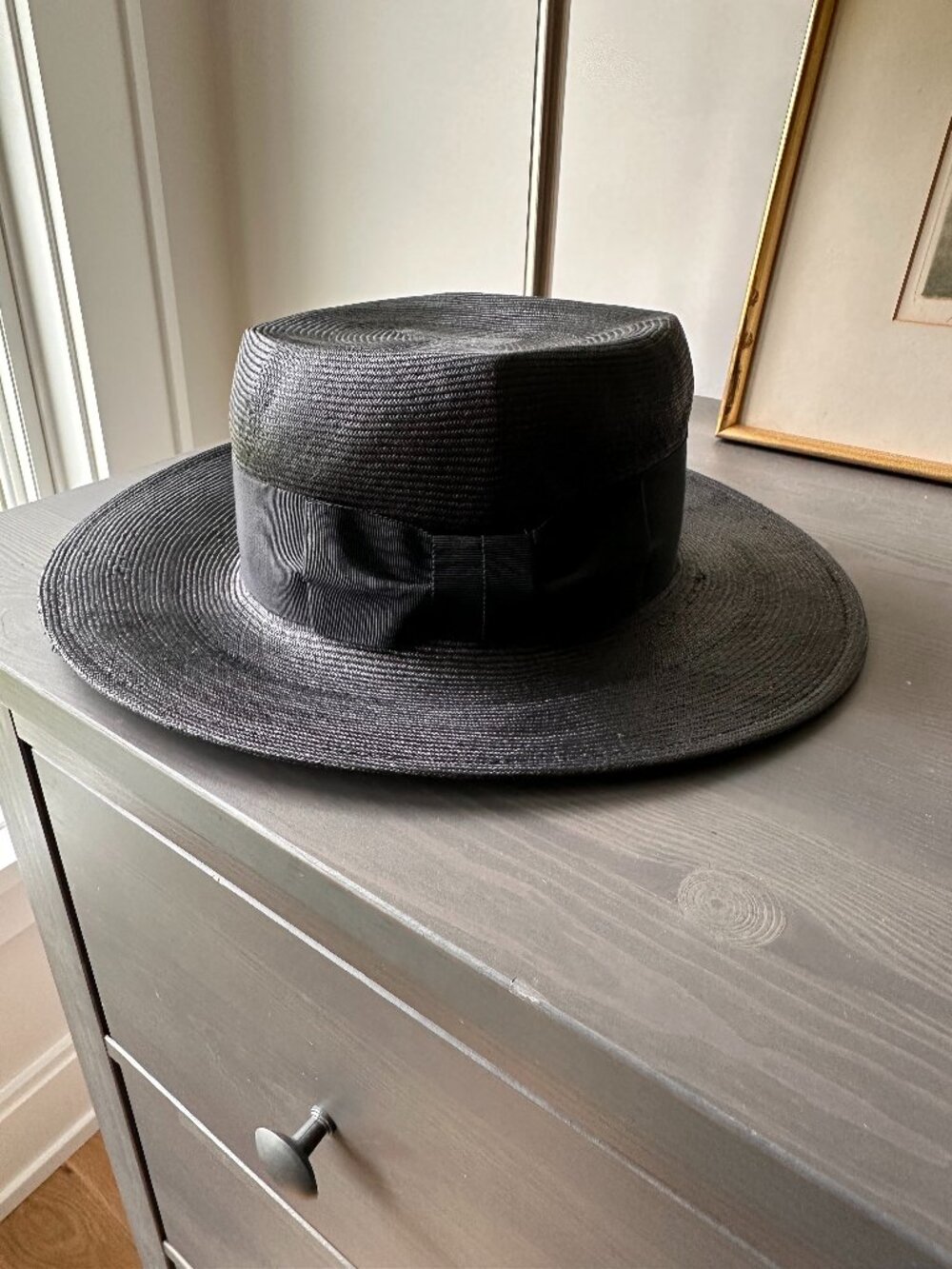 Satya Twena Handmade NYC Black Straw Wide Brim Boater Hat Luxury Millinery - OS